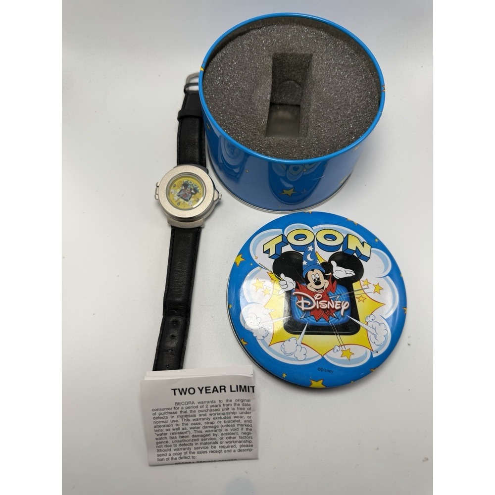 Disney Toon Mickey Mouse Watch Fantasia‎ New Battery 34MM 7" New With Tin Pop Up